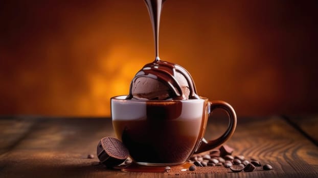 Luxurious and tempting process of pouring rich and creamy chocolate into cup with ice cream, coffee. For advertising, banner, relaxation, menu, dessert, culinary or cafe themed content. Copy space