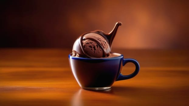 Cup of coffee topped with creamy ice cream and decadent chocolate, set against dark background. For advertising, banner, relaxation, lifestyle, menu, dessert, culinary cafe themed content. Copy space