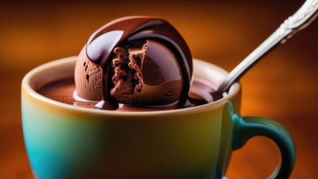 Combines elements of coffee cup, ice cream, chocolate creating visually appealing luxurious image against dark backdrop. For advertising, banner, menu, dessert, cafe themed content. Copy space