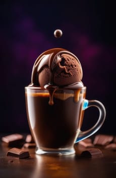 Luxurious and tempting process of pouring rich and creamy chocolate into cup with ice cream, coffee. For advertising, banner, relaxation, menu, dessert, culinary or cafe themed content. Copy space