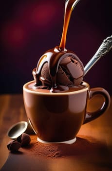 Luxurious and tempting process of pouring rich and creamy chocolate into cup with ice cream, coffee. For advertising, banner, relaxation, menu, dessert, culinary or cafe themed content. Copy space