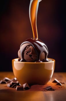 Luxurious and tempting process of pouring rich and creamy chocolate into cup with ice cream, coffee. For advertising, banner, relaxation, menu, dessert, culinary or cafe themed content. Copy space