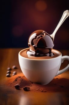 Luxurious and tempting process of pouring rich and creamy chocolate into cup with ice cream, coffee. For advertising, banner, relaxation, menu, dessert, culinary or cafe themed content. Copy space