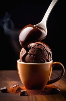 Luxurious and tempting process of pouring rich and creamy chocolate into cup with ice cream, coffee. For advertising, banner, relaxation, menu, dessert, culinary or cafe themed content. Copy space