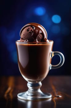 Cup of coffee topped with creamy ice cream and decadent chocolate, set against dark background. For advertising, banner, relaxation, lifestyle, menu, dessert, culinary cafe themed content. Copy space