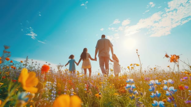 A happy family holding hands walks through a grassy field of flowers, surrounded by the beautiful natural landscape and vast sky. AIG41