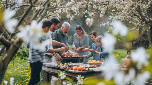 A man, wearing a hat, cooks food on a grill, surrounded by a group of people, sharing a leisurely cooking event under a tree with grassy surroundings. AIG41