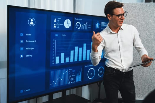 Presentation in office or meeting room with analyst team utilizing BI Fintech to analyze financial data. Businesspeople analyzing BI dashboard power display on TV screen for strategic planning.Prudent