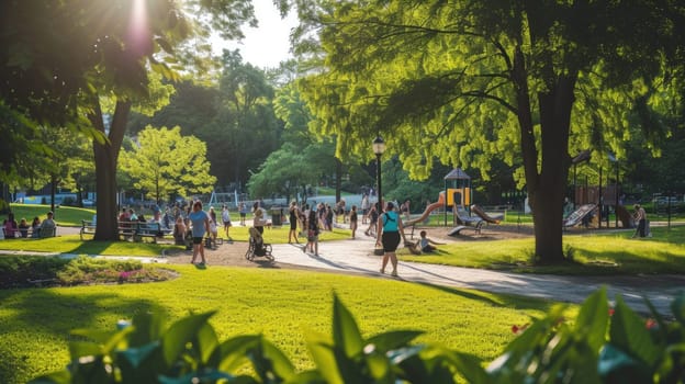 A group of people enjoying leisure activities in a park with a playground, surrounded by natural landscapes, trees, grass, and plants. AIG41