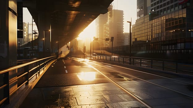 The sunlight is brightening up the city streets, reflecting off the buildings and asphalt roads, creating a stunning visual event in the urban landscape