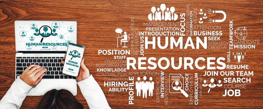 Human Resources Recruitment and People Networking Concept. Modern graphic interface showing professional employee hiring and headhunter seeking interview candidate for future manpower. uds