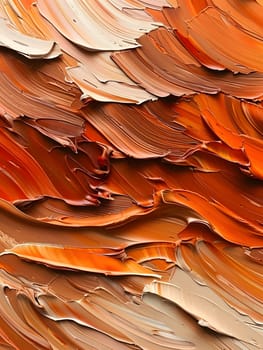 Detailed close up of a painting featuring a natural landscape with vibrant orange hues, intricate brush strokes resembling wood patterns, rocky badlands, and peach tones