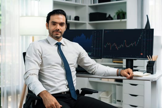 Profile of successful in trader businessman looking at camera with two stock exchange investment screens with good-looking pose in dynamic financial technology graph stock market at office. Surmise.