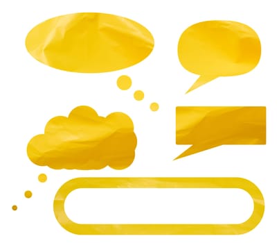 Conversation clouds cut made of yellow crumpled polyethylen on isolated background, close up