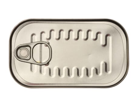 Metal rectangular tin can for fish and other products on an isolated background, top view