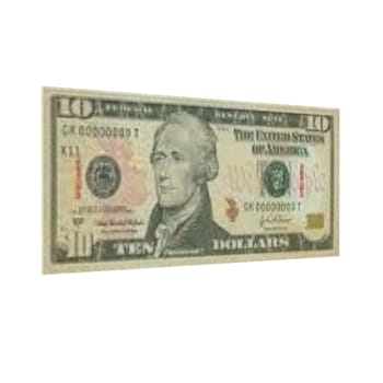 A ten dollar bill with a picture of a man on it. High quality 3d illustration