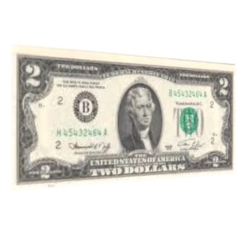 A two dollar bill with a picture of a man on it. High quality 3d illustration