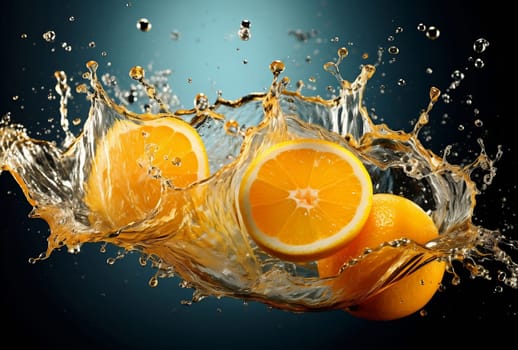 Oranges flying in the air and splashing water.