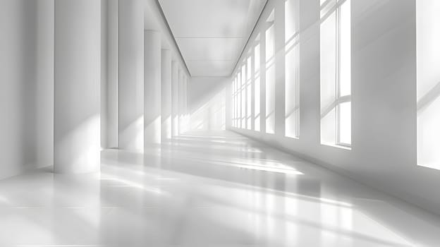 A grey and blackandwhite hallway in a building with parallel columns, wooden flooring, and symmetrical windows, creating an artful play of tints and shades