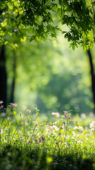 A vibrant field filled with lush grass and colorful flowers, surrounded by tall trees in the background.