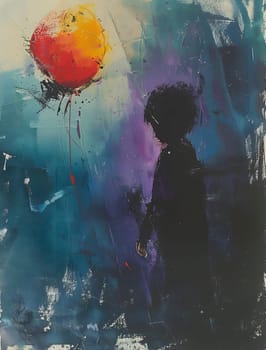 A stunning painting depicting a figure holding a vibrant magenta balloon against an electric blue water backdrop. A beautiful piece of visual arts