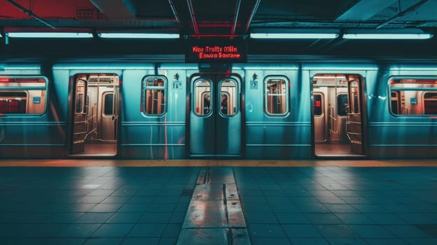 Train leaves empty station platform at subway. Generative AI.