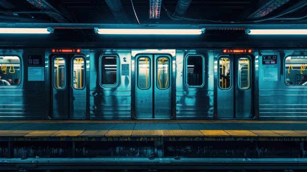 Train leaves empty station platform at subway. Generative AI.