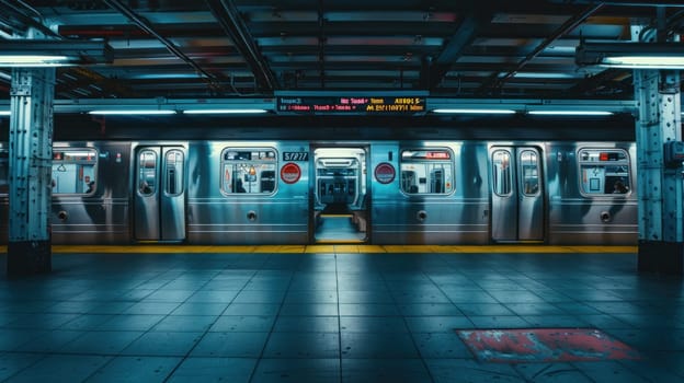 Train leaves empty station platform at subway. Generative AI.