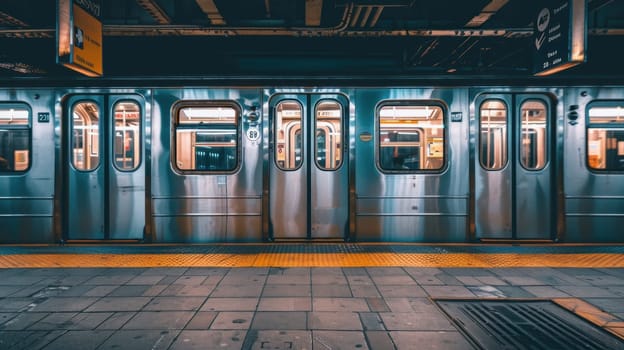 Train leaves empty station platform at subway. Generative AI.