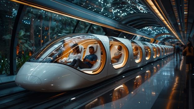 A futuristic of commuters in a high speed train, futuristic technology of transport.