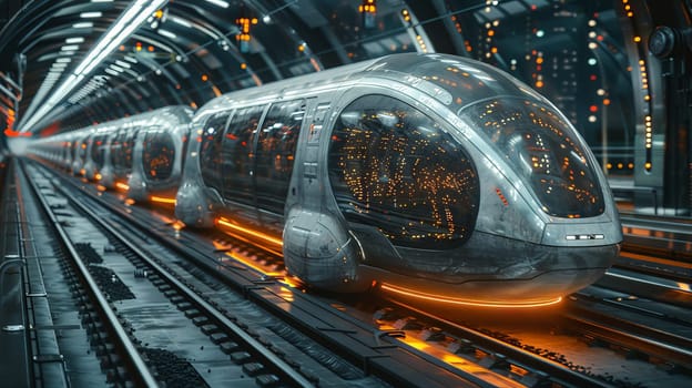 A futuristic of commuters in a high speed train, futuristic technology of transport.