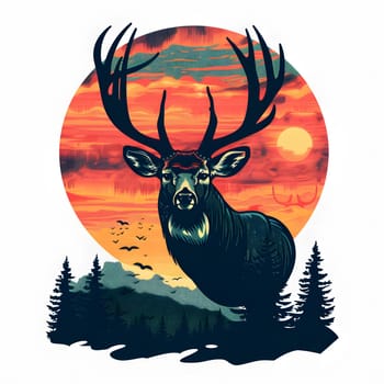 An Elk with majestic antlers is silhouetted against a stunning sunset, a beautiful scene reminiscent of a painting featuring a terrestrial animal