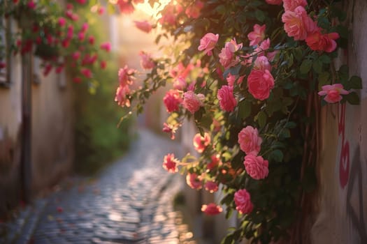 an old lane in the old town, lined with pink and crimson roses.ai generative.