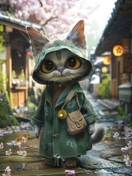 A Felidae, small to mediumsized cat with whiskers, standing on a sidewalk wearing a green coat and hood. Its fawn coat contrasts with the greenery and blue sky in the background