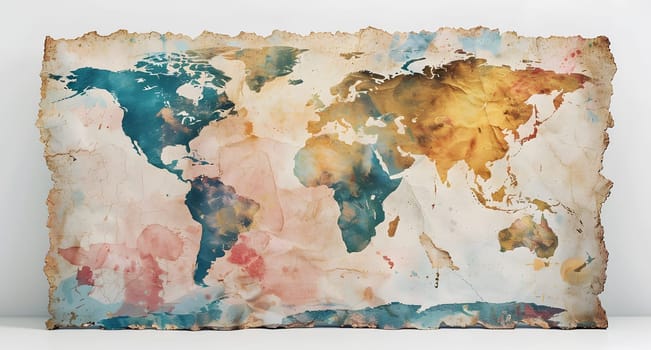A painting of a world map, with water bodies in blue and natural landscapes of grass and soil, sits on a table as an art event
