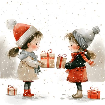 Two young girls are carefully holding holiday gifts in the snowy winter landscape, creating a touching gesture that could inspire a beautiful art illustration or fashion design