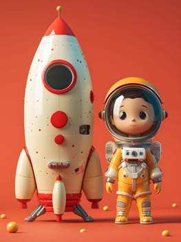 An miniature astronaut figurine is positioned beside a toy rocket, creating an artistic and imaginative scene perfect for a spacethemed event