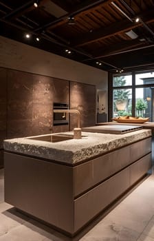 A kitchen with a large rectangular island made of hardwood, including a sink fixture. The interior design features wood flooring, windows, and a high ceiling