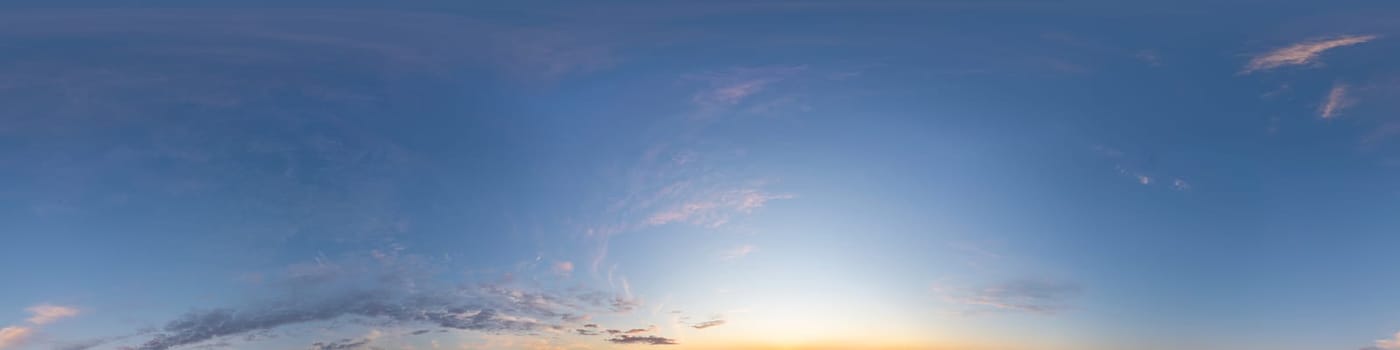 Dark blue sunset sky panorama with pink Cumulus clouds. Seamless hdr 360 pano in spherical equirectangular format. Full zenith for 3D visualization, game, sky replacement for aerial drone panoramas