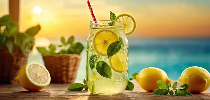 Lemonade, wooden surface, green background: Served chilled, natural light enhancing freshness, evokes sense of summer refreshment.