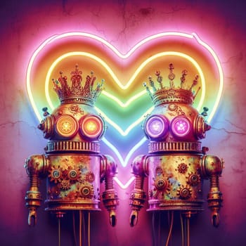 steampunk bee king and queen in love neon sign valentines illustration concept rusty background generative ai art