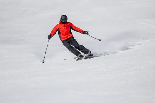 Grandvalira, Andorra: 2024 February 5 : Skier on the slopes of Grandvalira in Andorra in winter 2024.