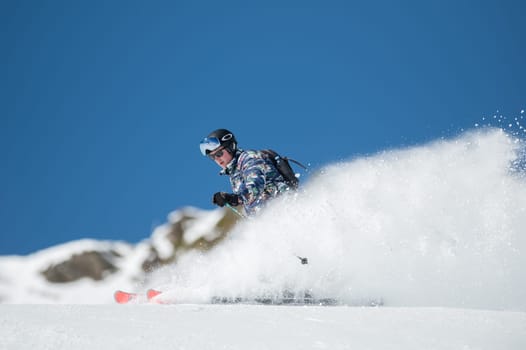 Grandvalira, Andorra: 2024 February 5 : Skier on the slopes of Grandvalira in Andorra in winter 2024.