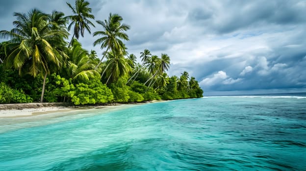 tropical beach view at cloudy stormy day with white sand, turquoise water and palm trees. Neural network generated image. Not based on any actual scene or pattern.