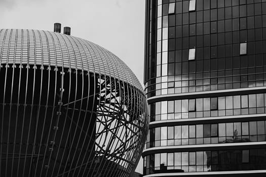 City modern architecture, futuristic buildings in black and white
