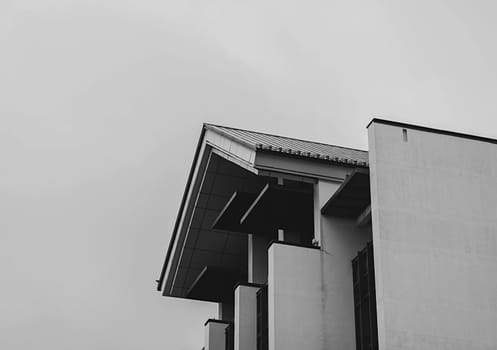 roof and facade of the hotel. black and white building
