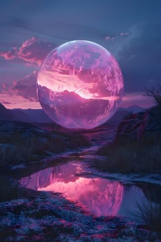 The purple moon reflects in the water of the lake at sunset, creating a mesmerizing natural landscape with the colorful sky and clouds in the horizon