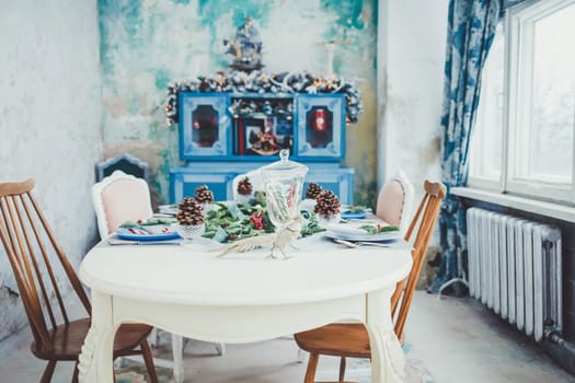 Interior vintage bright kitchen with Christmas decor