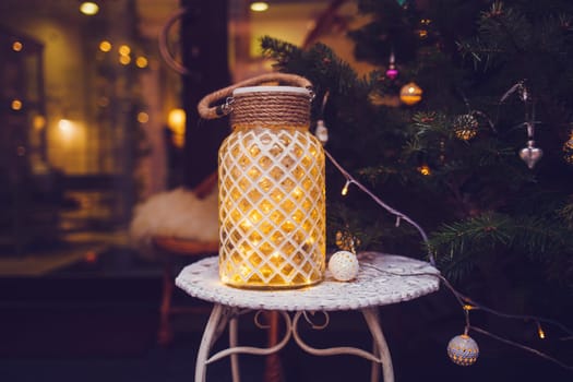 Colorful Christmas decorations and glass lanterns on a Riga Christmas market 