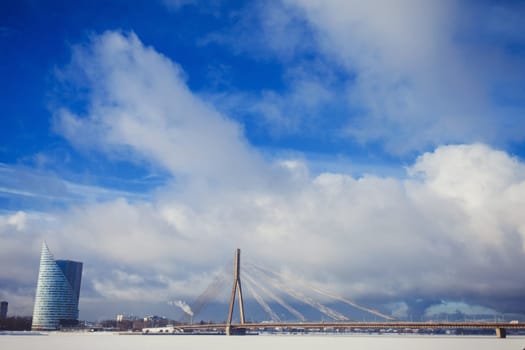 Winter image of the Vansu bridge the river Daugava in the Latvian capital of Riga.